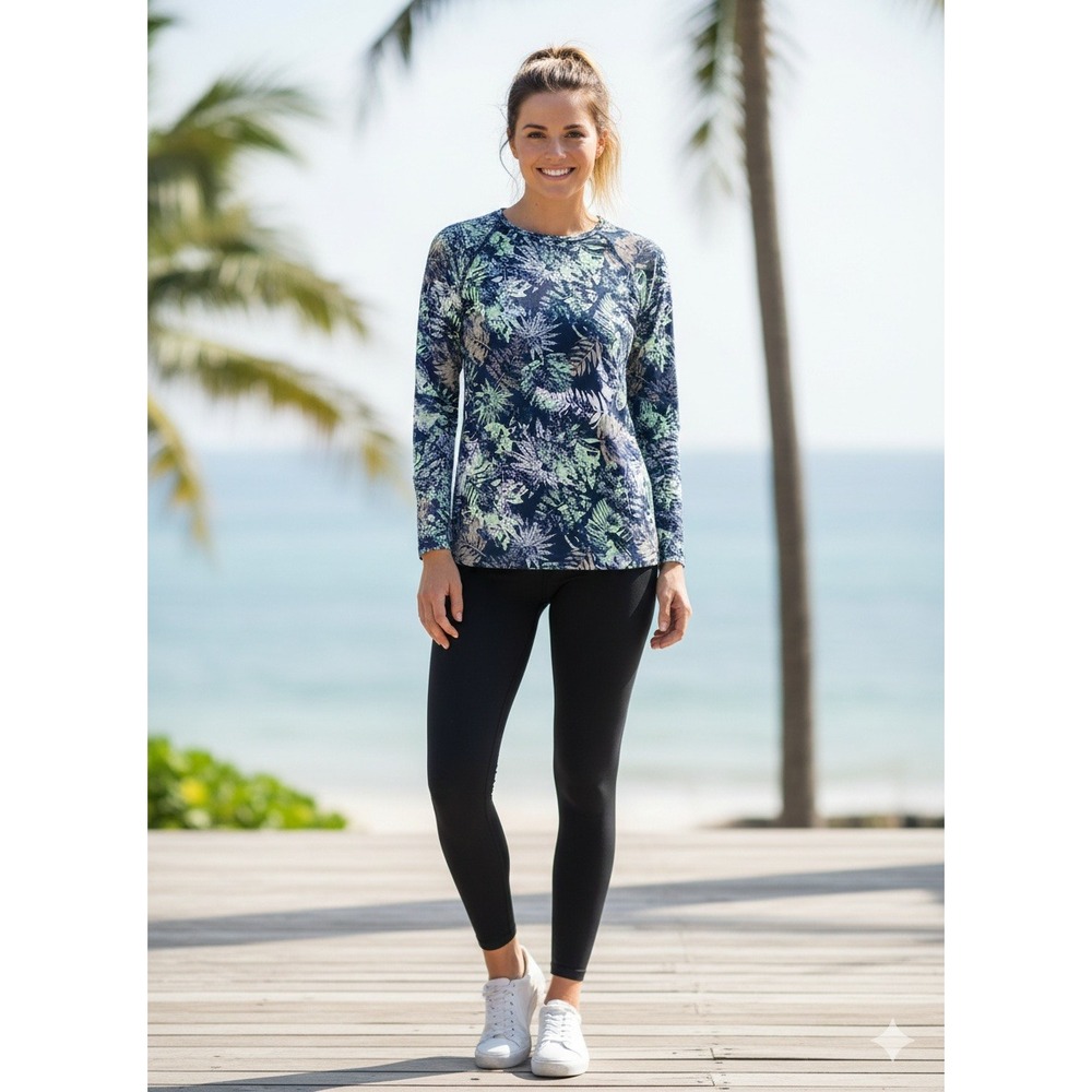 Reef Life Long Sleeve Tropical Leaf Print Rash Guard‎ Sun Shirt Women S/C